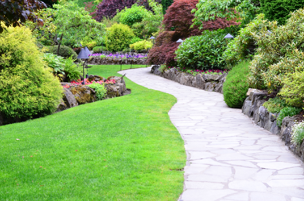 Focal point landscaping on stone pathway to beautiful green lawn.