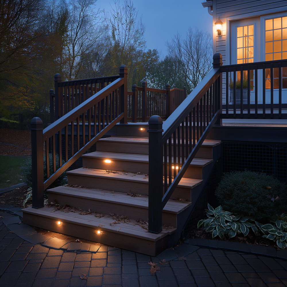 Deck stairs with recessed and landscape lighting at dusk.