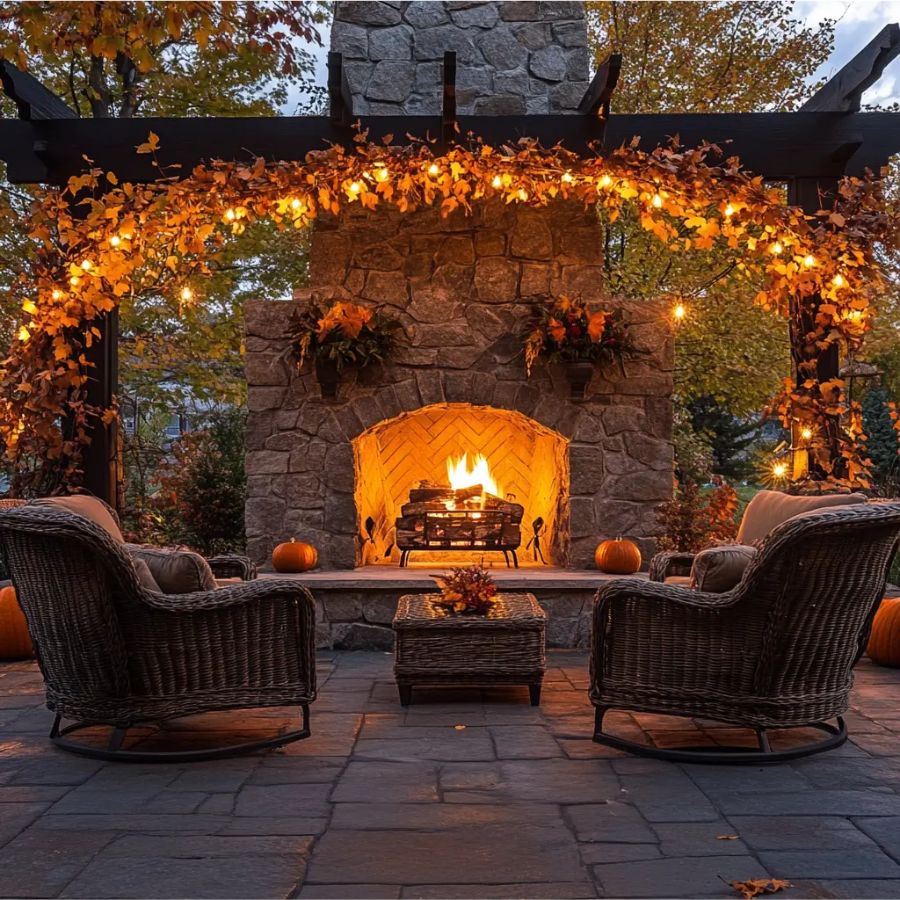 Outdoor fireplace with fall leaves and pumpkins.