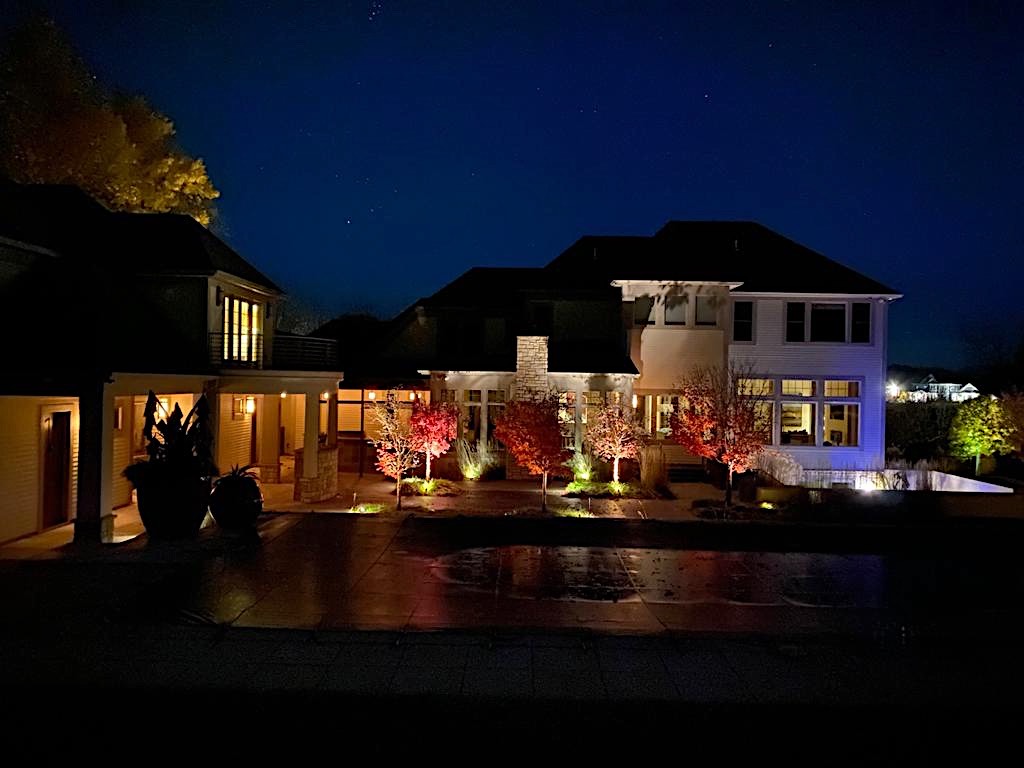 House with landscape lighting highlighting trees.